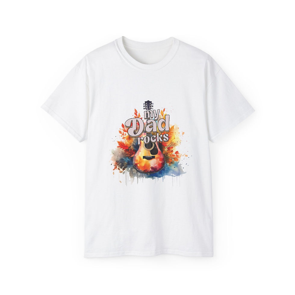 Thumbnail: White t-shirt with colorful guitar graphic, text reads: My Dad Rocks.
