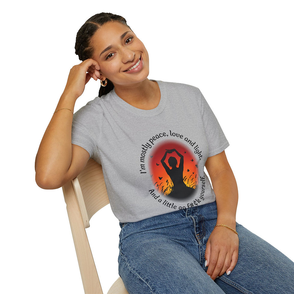 Thumbnail: Woman wearing gray tee with text about peace, love, and light smiling cheerfully.