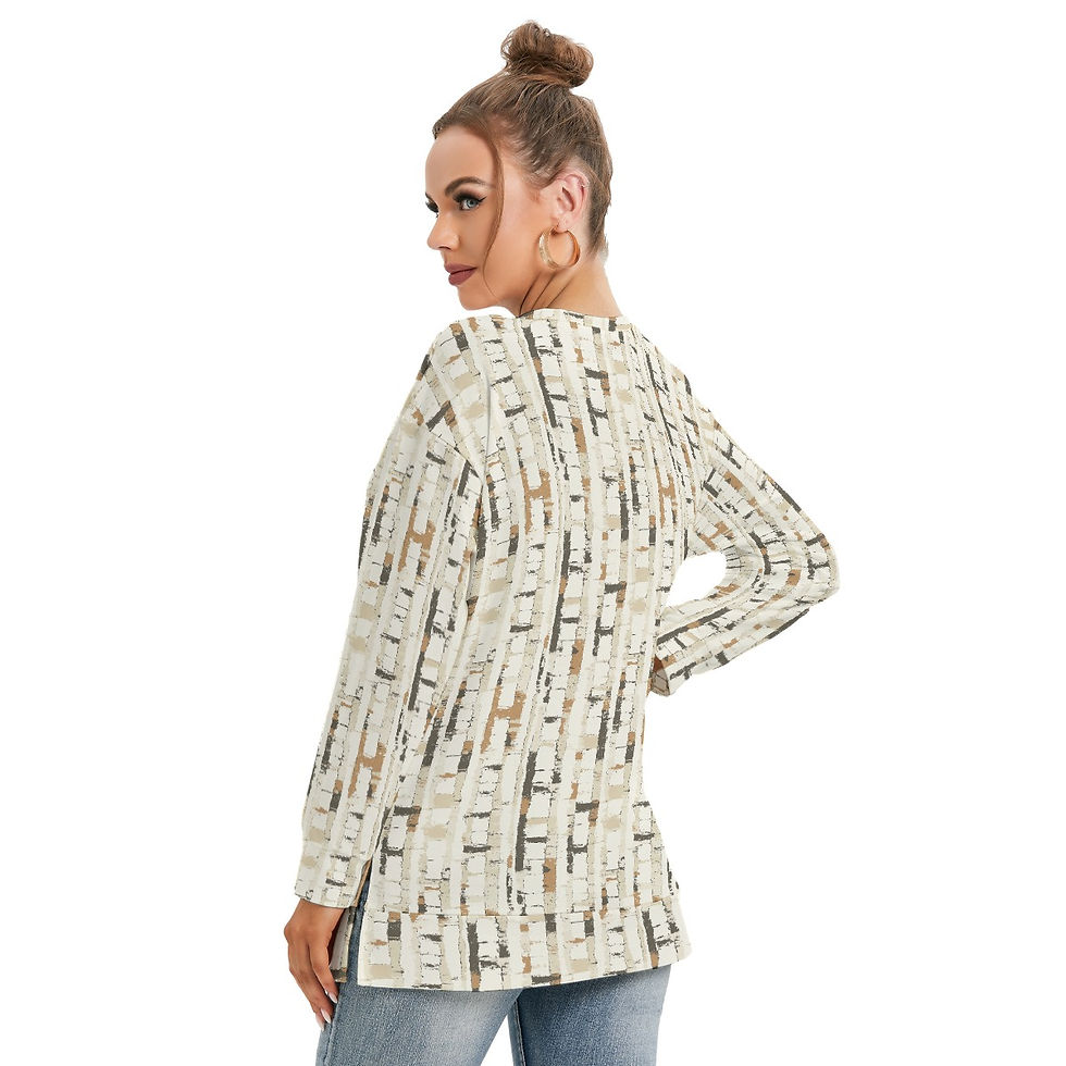 Thumbnail: Woman wearing patterned long sleeve shirt, looking away, white background.
