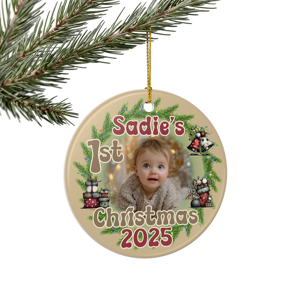 Thumbnail: Sadie's 1st Christmas 2025 ornament with baby picture and festive design.