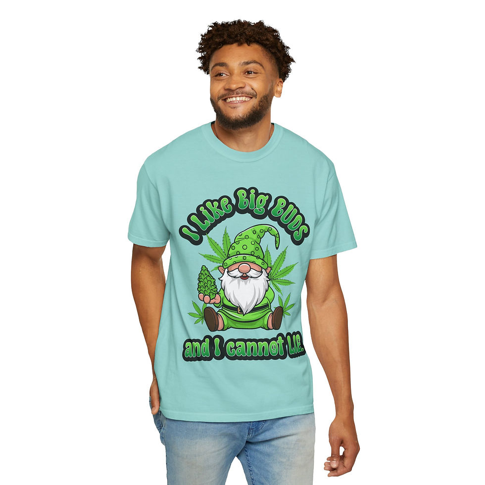 Thumbnail: Man wearing a green t-shirt that says: I like big buds and I cannot