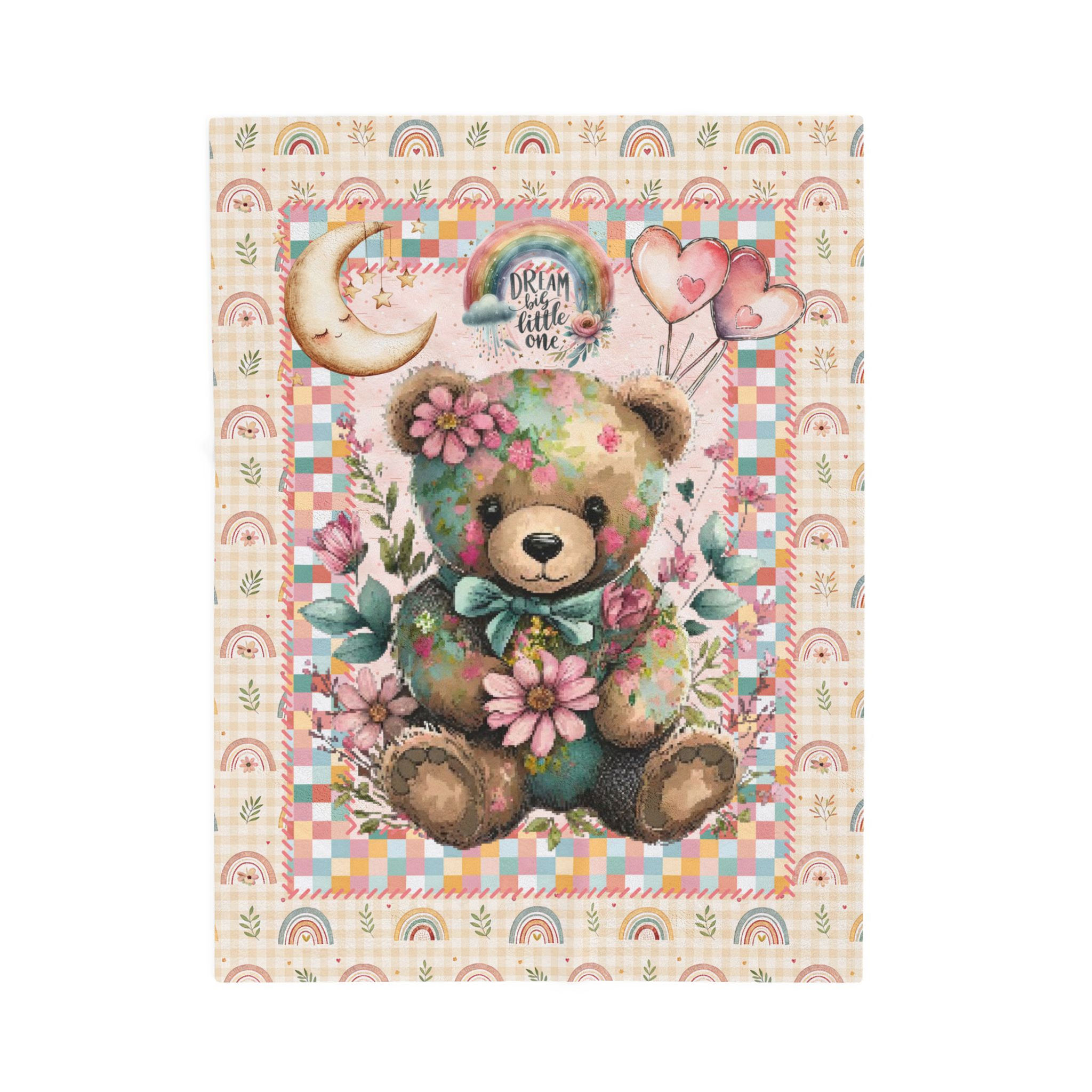 Teddy Bear Velveteen Plush Blanket – Floral Dream "Dream Big Little One"