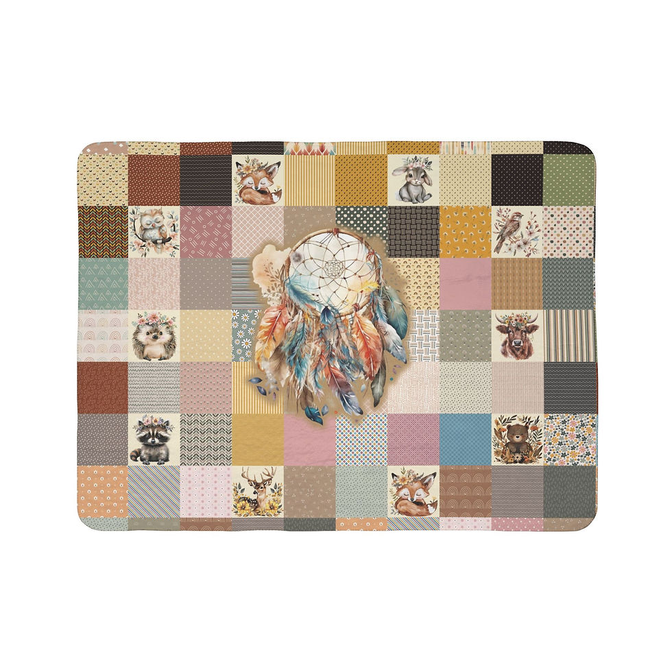 Thumbnail: Dream catcher patterned blanket with various squares, cozy and inviting.