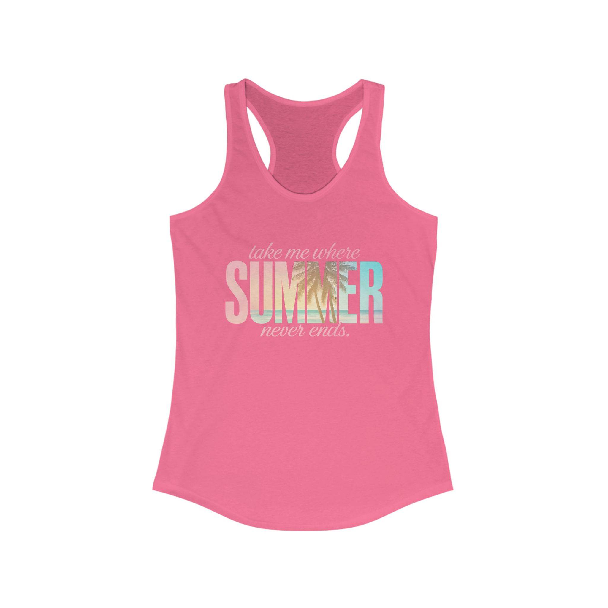 Pink racerback tank top with Summer graphic, Blue White Floral Swatches.