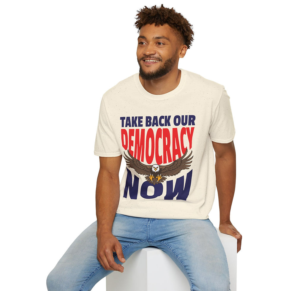Thumbnail: Man wearing tee shirt that reads Take Back Our Democracy Now.
