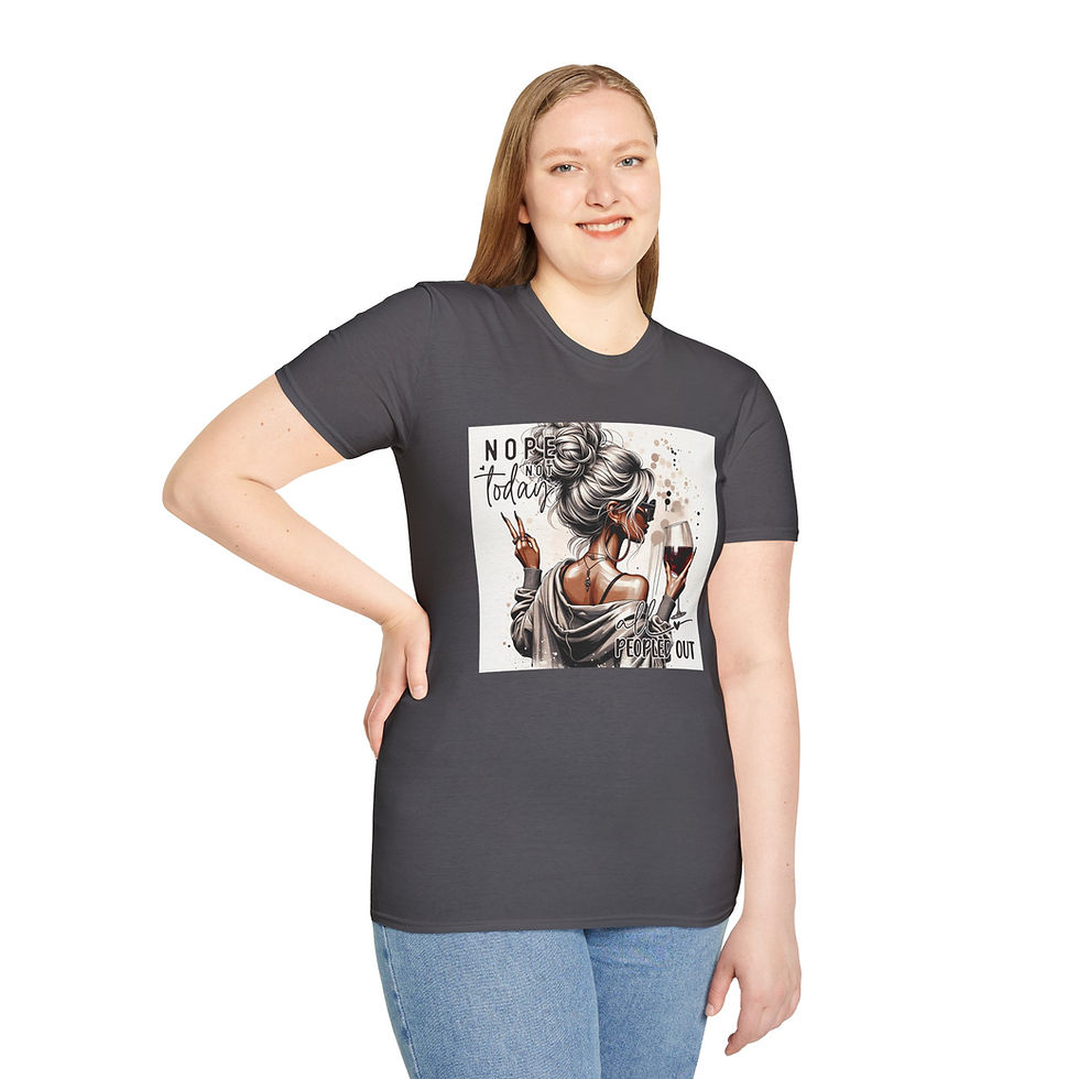 Thumbnail: Woman wearing a gray t-shirt with image of woman holding wine glass.