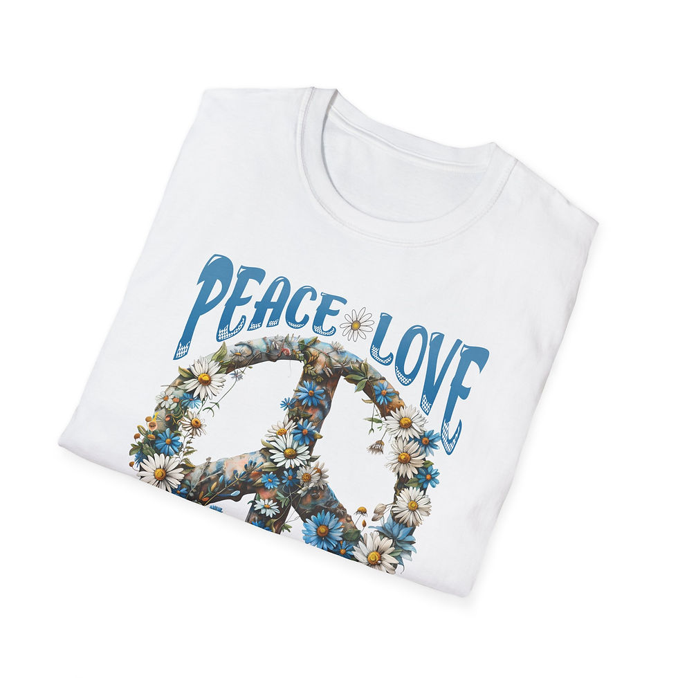 Thumbnail: White t-shirt with Peace and Love and peace sign graphic.
