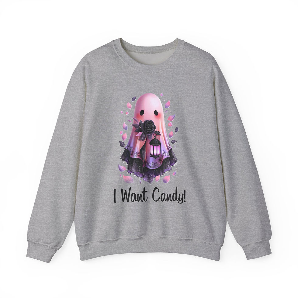 Thumbnail: A gray sweatshirt with a ghost that says, "I Want Candy!" for Halloween.