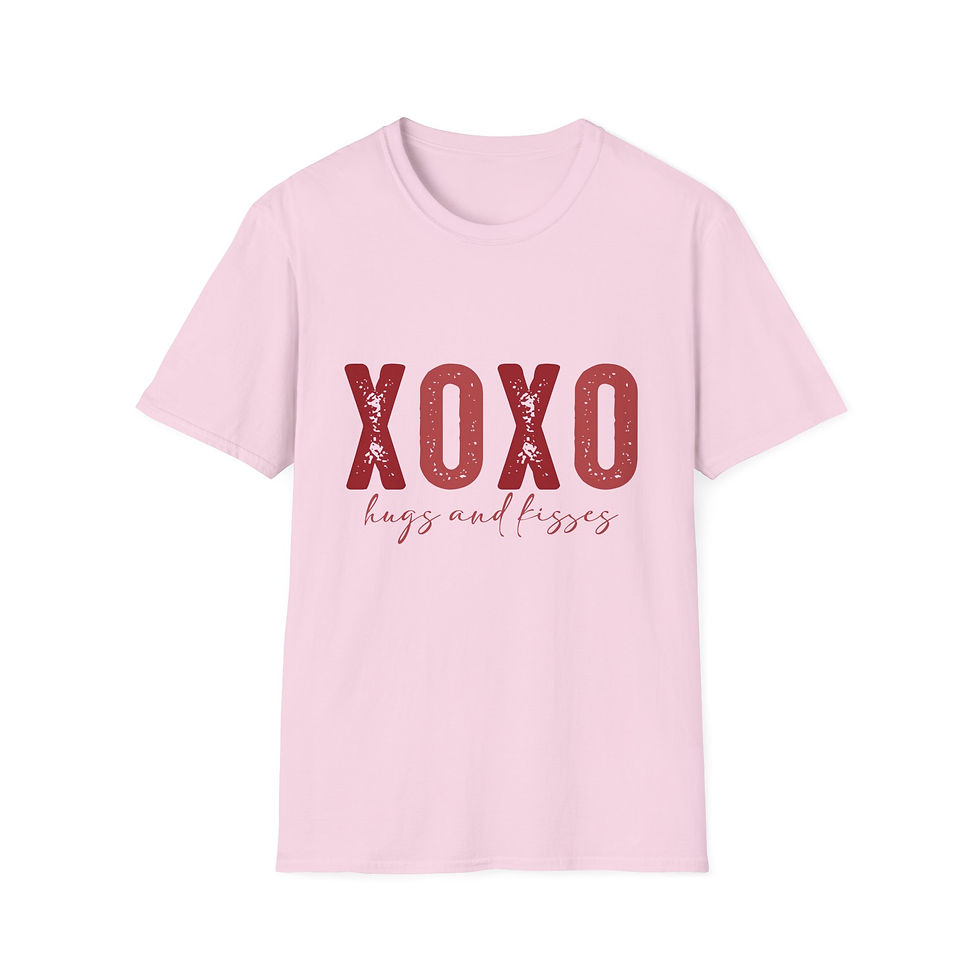 Pink t-shirt with XOXO hugs and kisses text on white background.