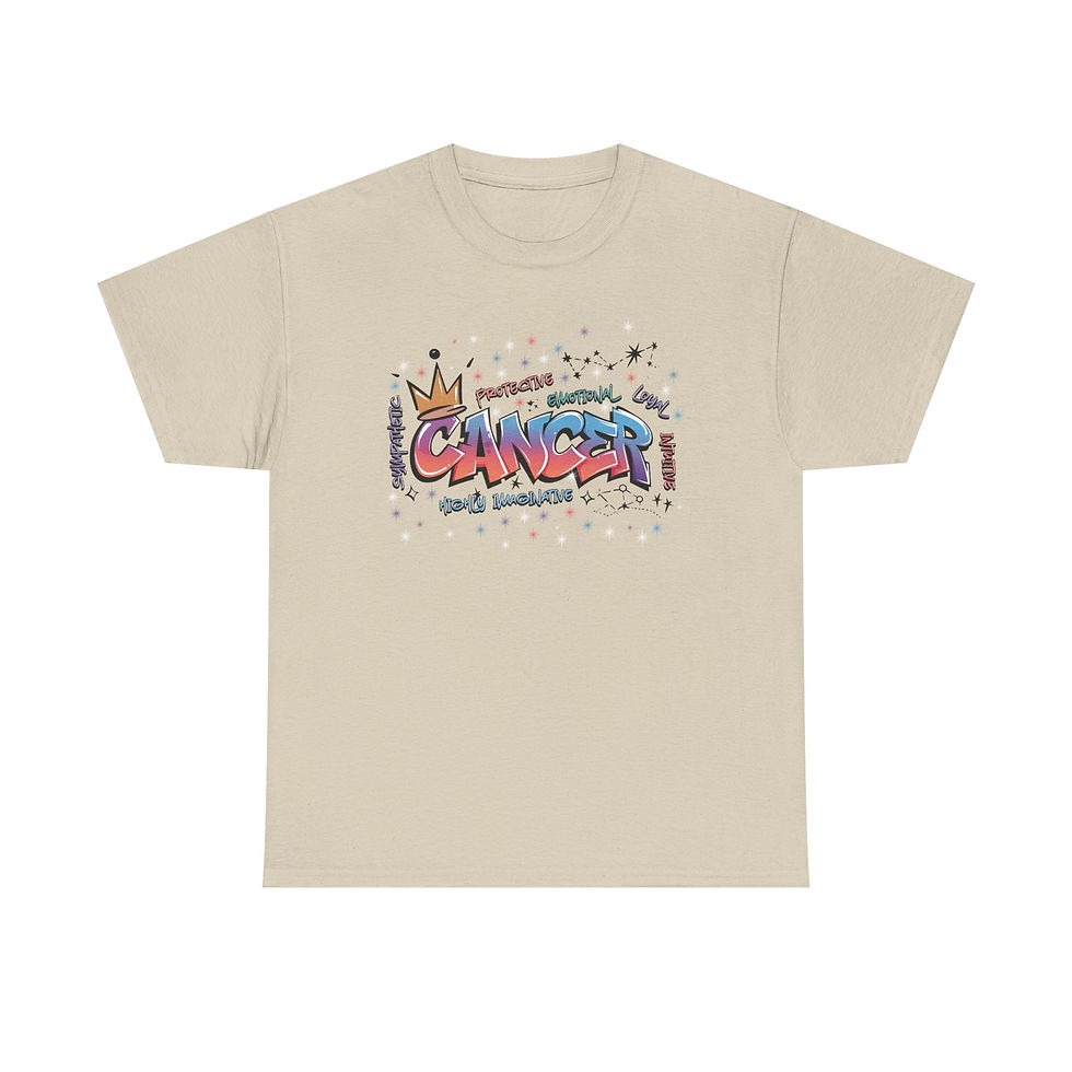 Thumbnail: Beige t-shirt with crown and colorful text saying CANCER on it