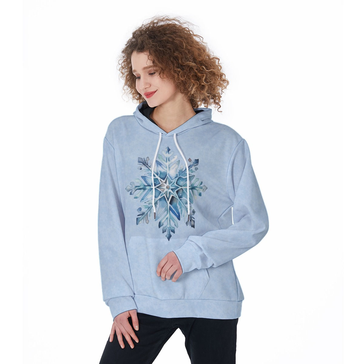Woman wearing light blue snowflake hoodie. Snowflake design with glitter details.