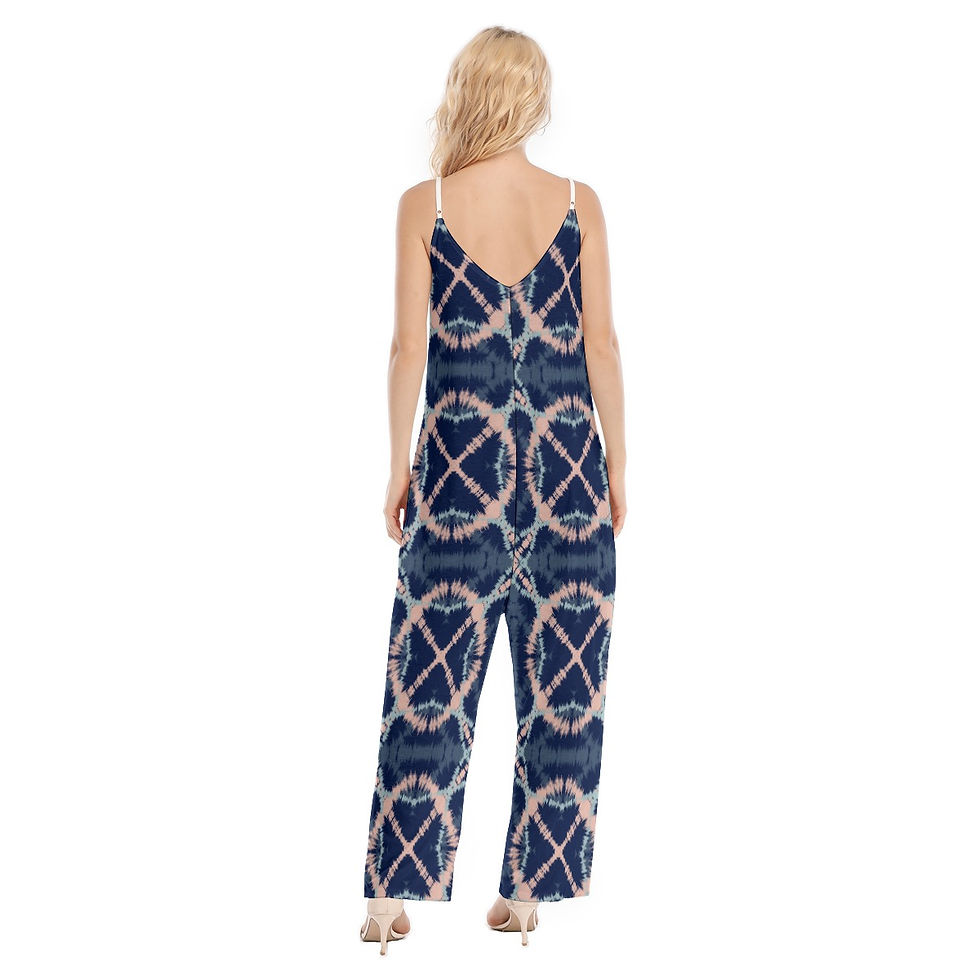 Thumbnail: Woman wearing jumpsuit, back view, blue and white design, summer fashion style