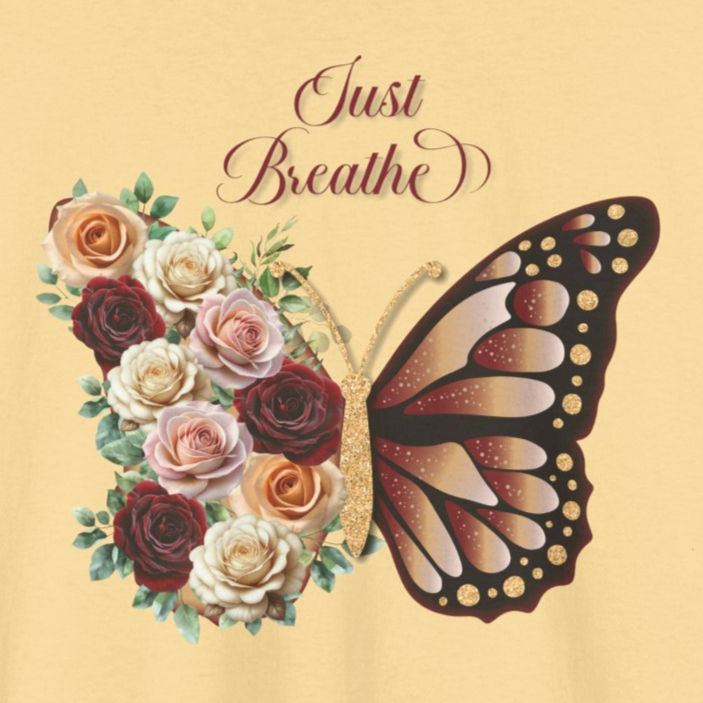 Butterfly Floral Burgundy Beige "Just Breathe" Inspirational Tee