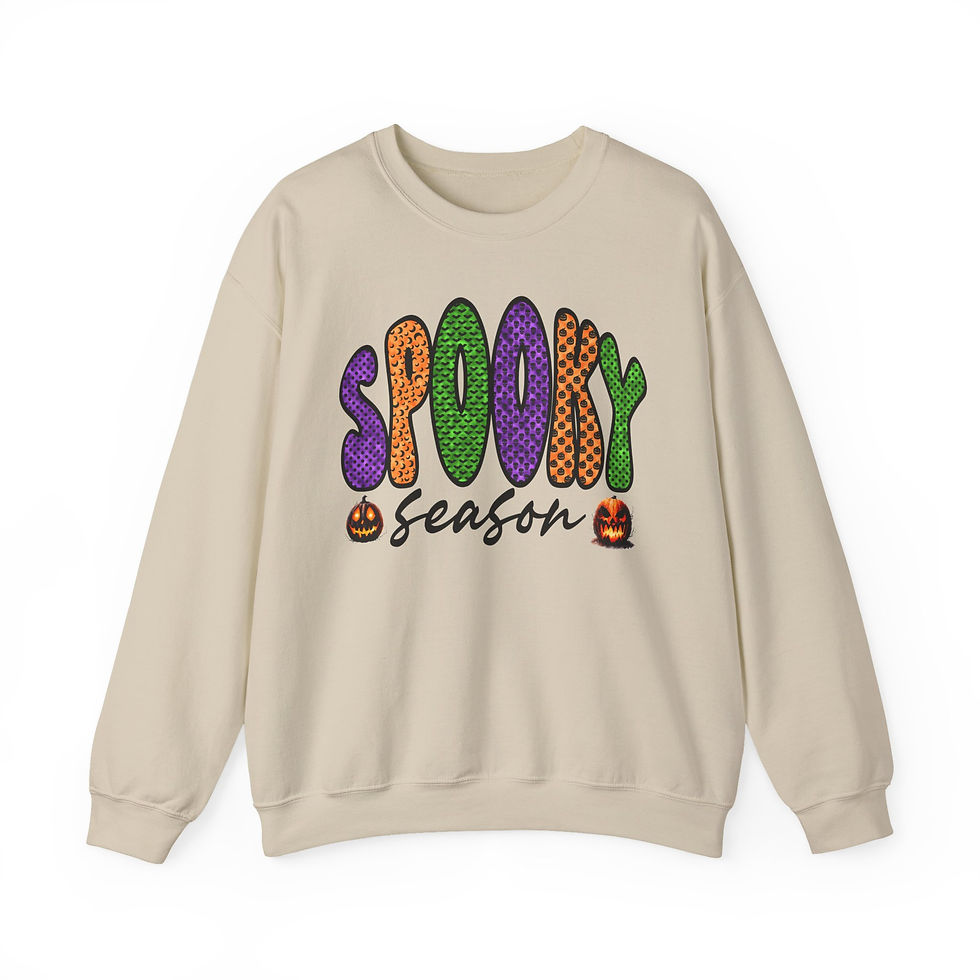 Thumbnail: Beige Spooky Season sweatshirt with colorful text and pumpkin details on white.