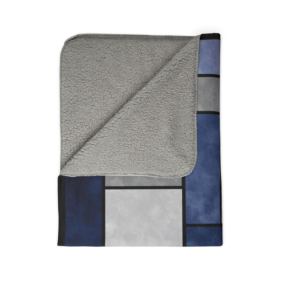 Thumbnail: Blanket with blue, grey, and black design is laid flat Beige Blues Hexagon Beachy Pattern  - Fleece Sherpa Blanket