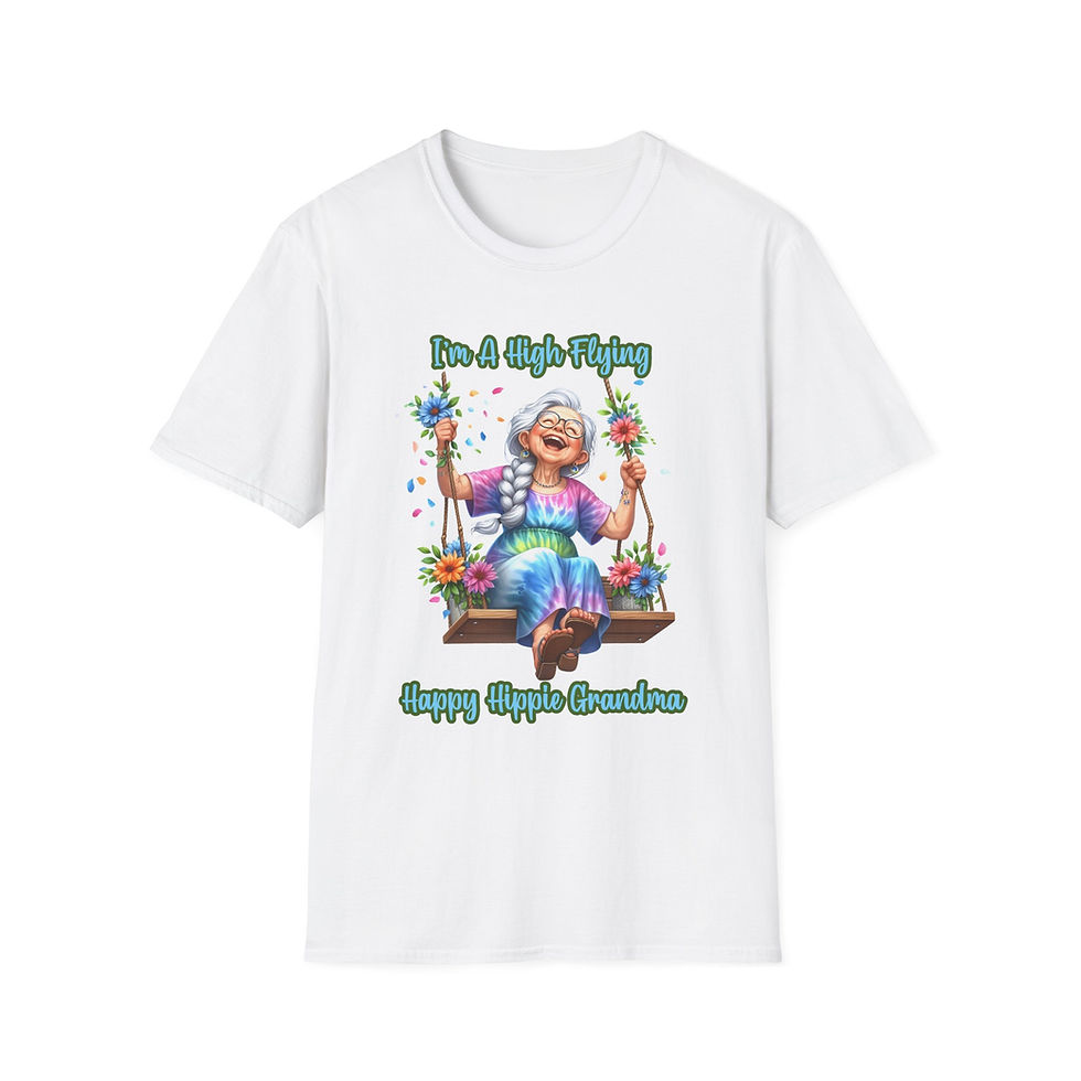 White t-shirt with smiling grandma on swing; Don't Worry Be Hippie, Unisex Softstyle T-Shirt.