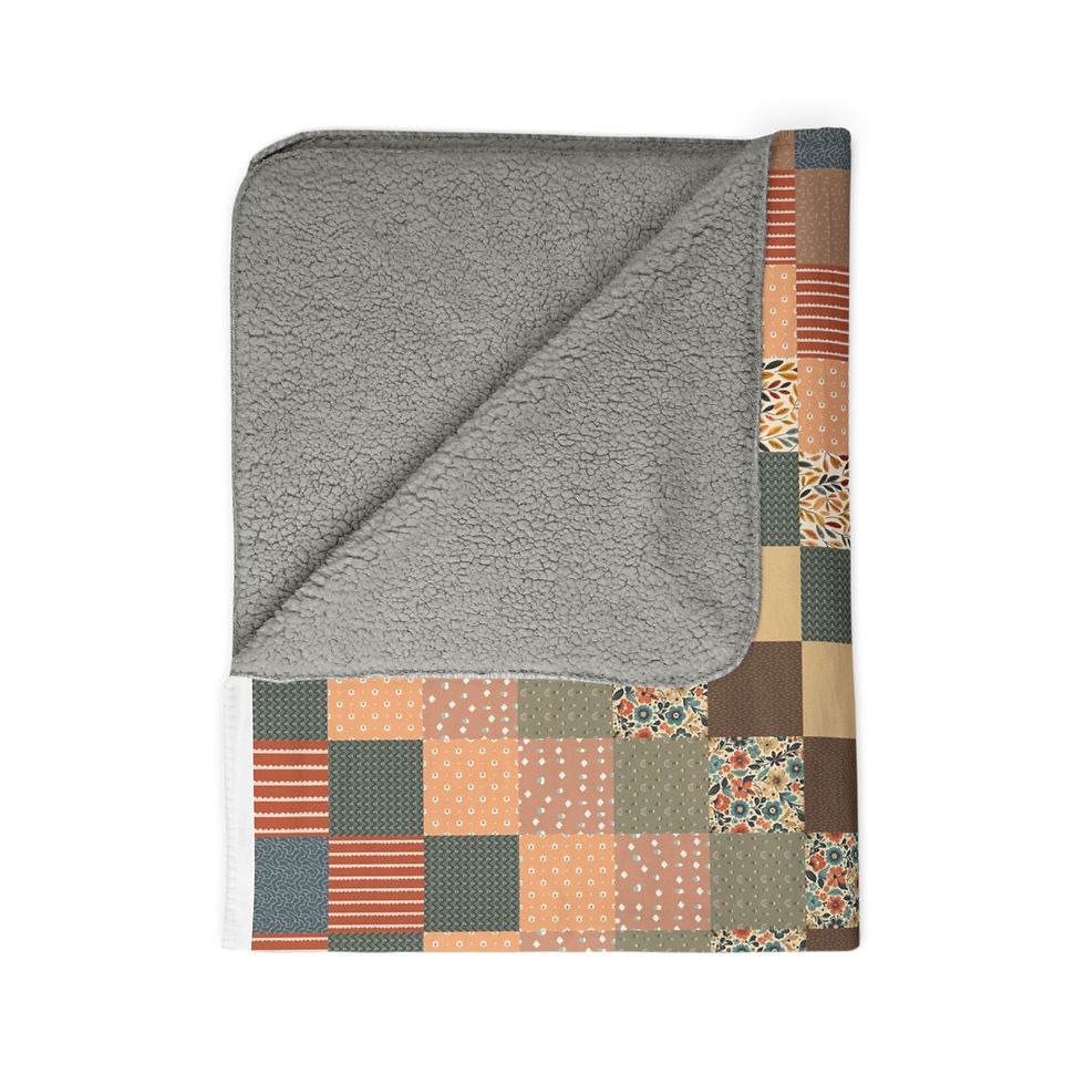 Thumbnail: Folded blanket with patchwork design, Coral Ocean Quilt Look - Fleece Sherpa Blanket.