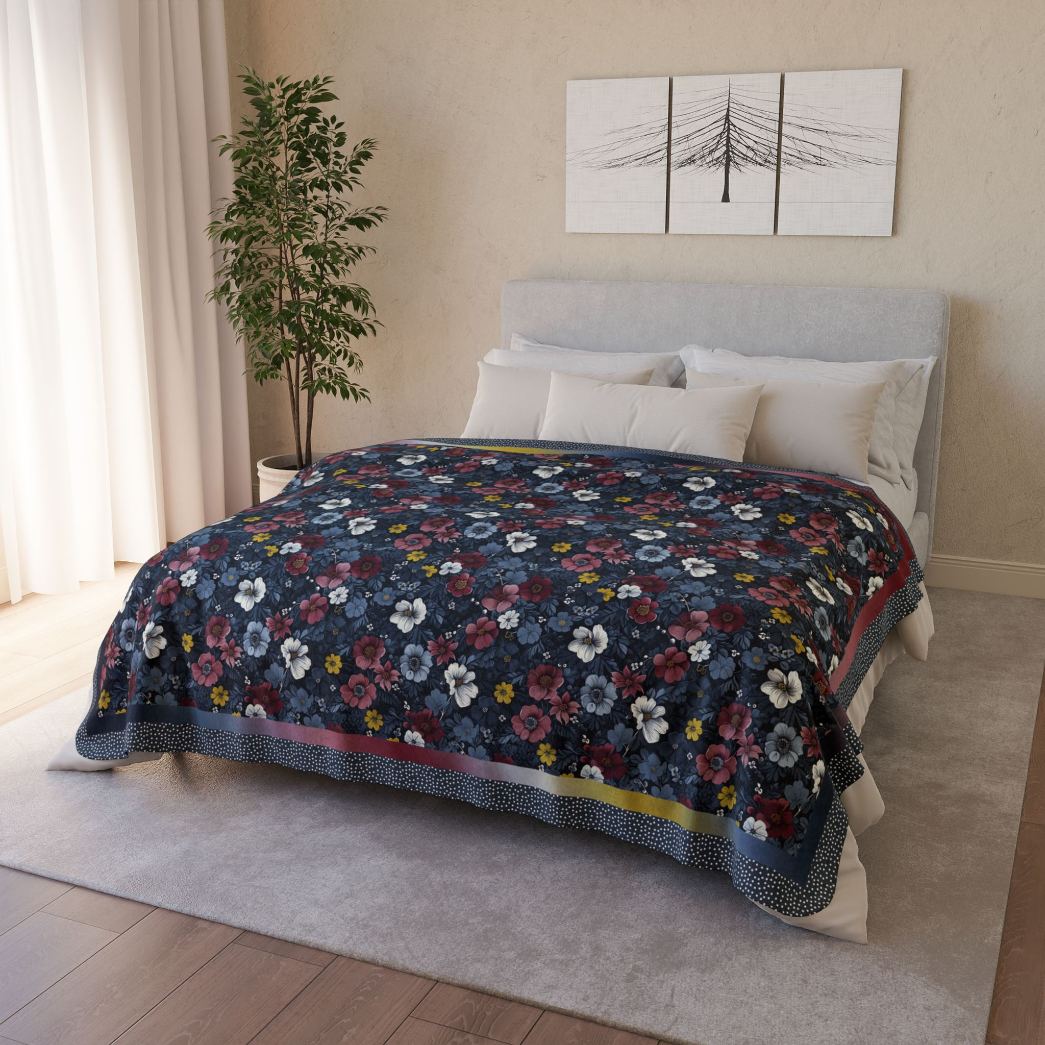 Navy and Wine Floral Throw 80x60 - Fleece Sherpa Blanket on a bed with pillows.