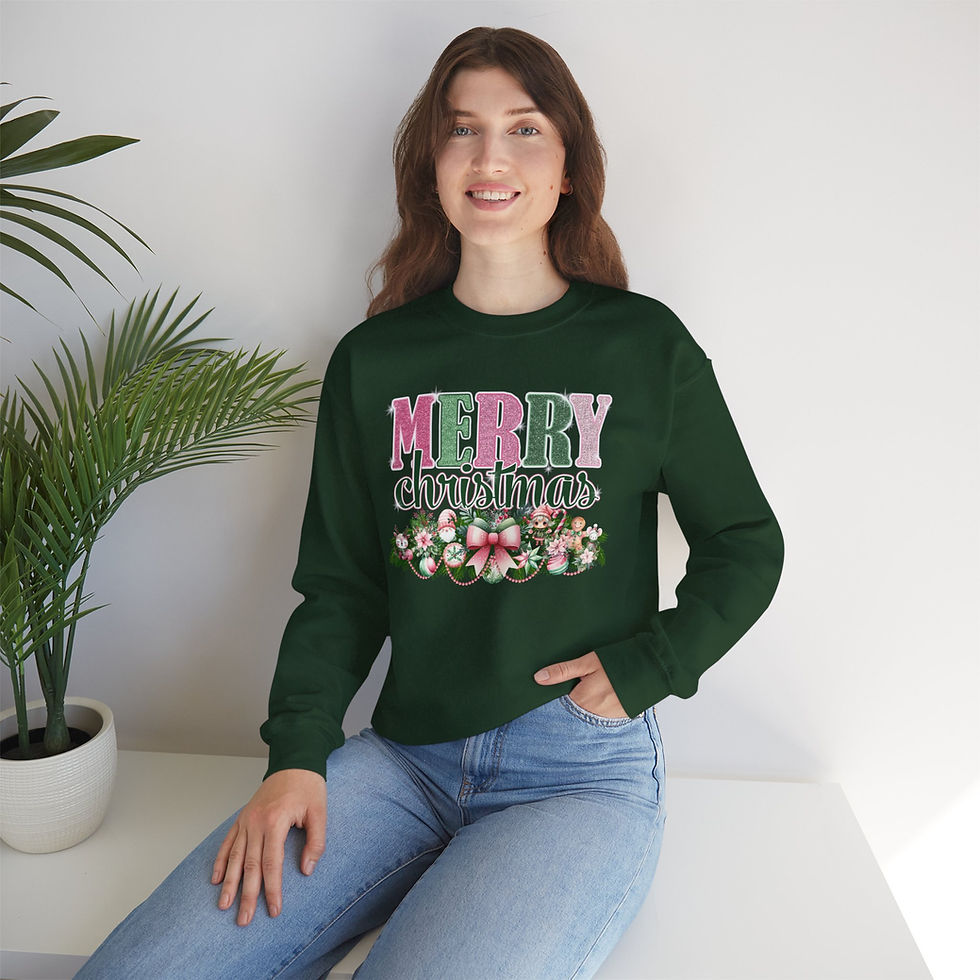 Thumbnail: Woman wearing green Merry Christmas sweatshirt with floral design Fall Floral blanket