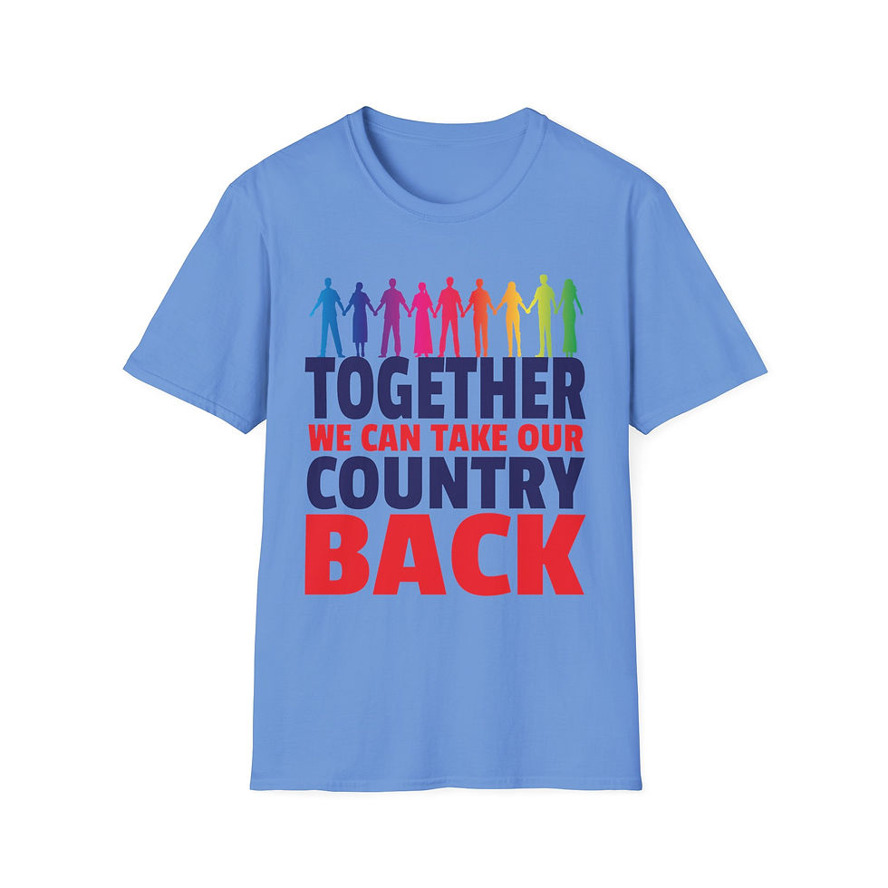Blue t-shirt with Together We Can Take Our Country Back text.