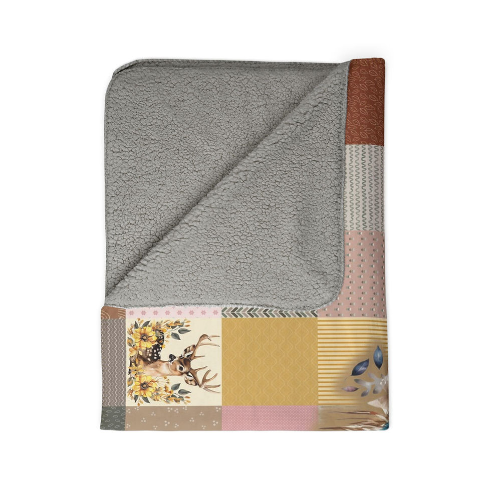 Blanket with floral patchwork, gray fleece, Purple X Quilt Look - Fleece Sherpa Blanket.