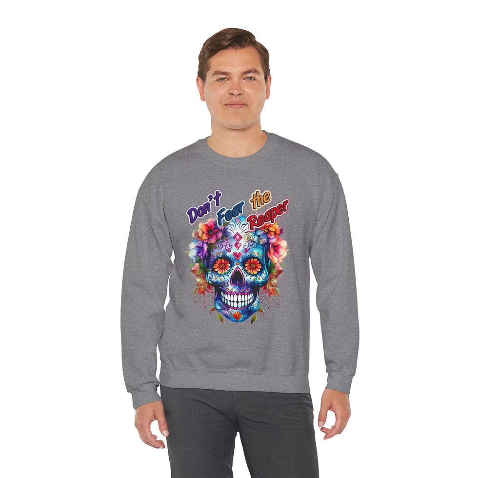 Thumbnail: Man wearing grey sweatshirt with a colorful skull design on front