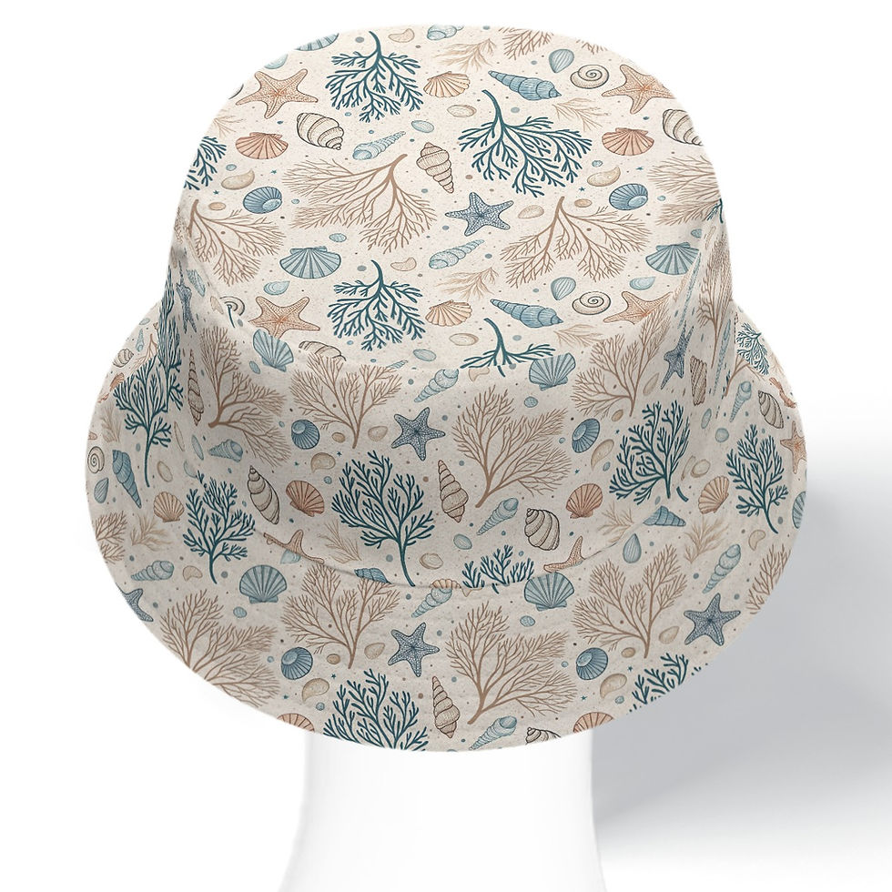 Thumbnail: Bucket hat with sea shells and coral pattern, summer fashion accessory design.