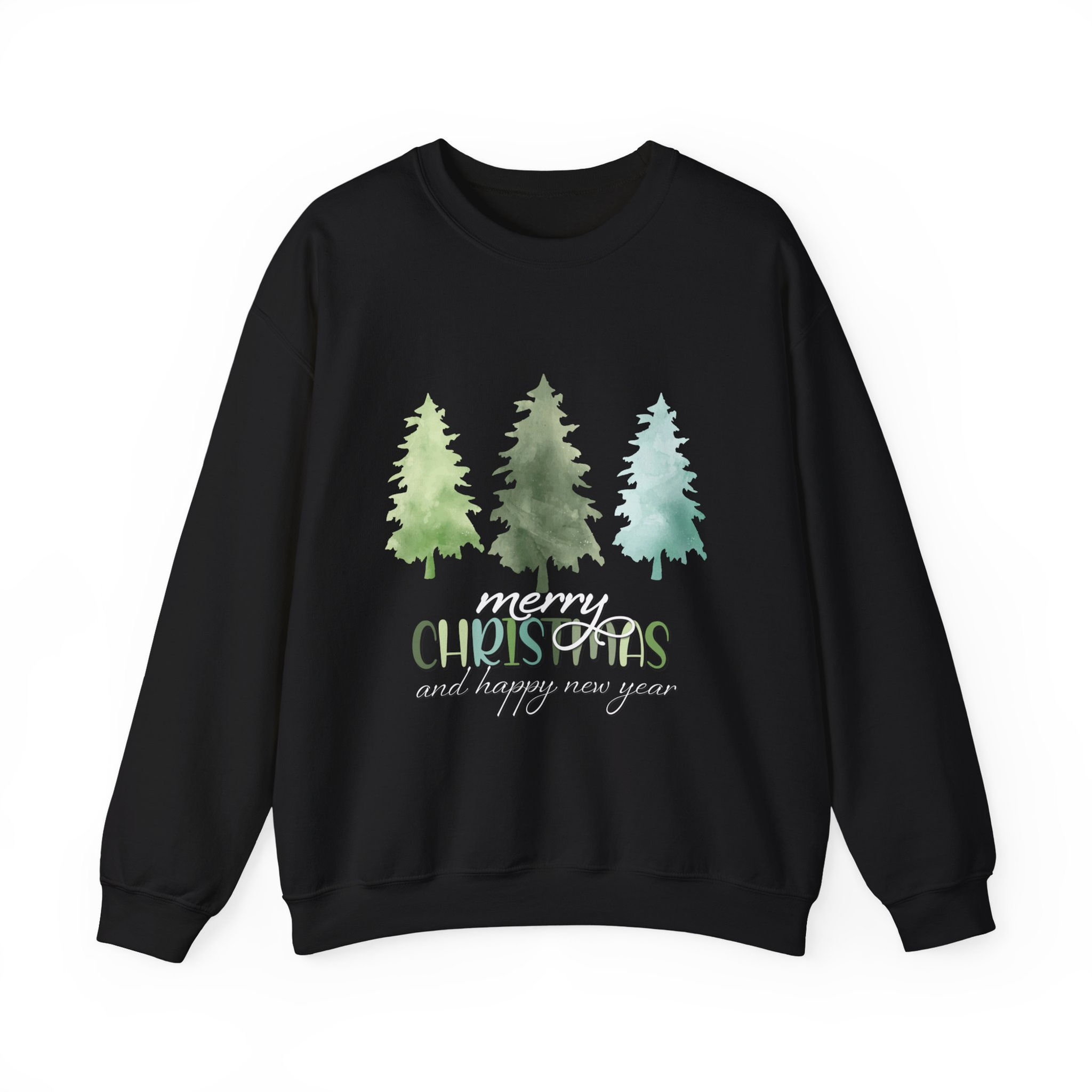 Black sweatshirt with watercolor trees and "Merry Christmas and Happy New Year"