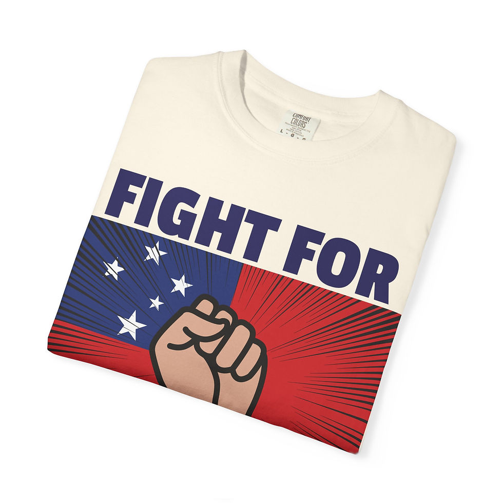 Thumbnail: White t-shirt with FIGHT FOR design; fist with red and blue background