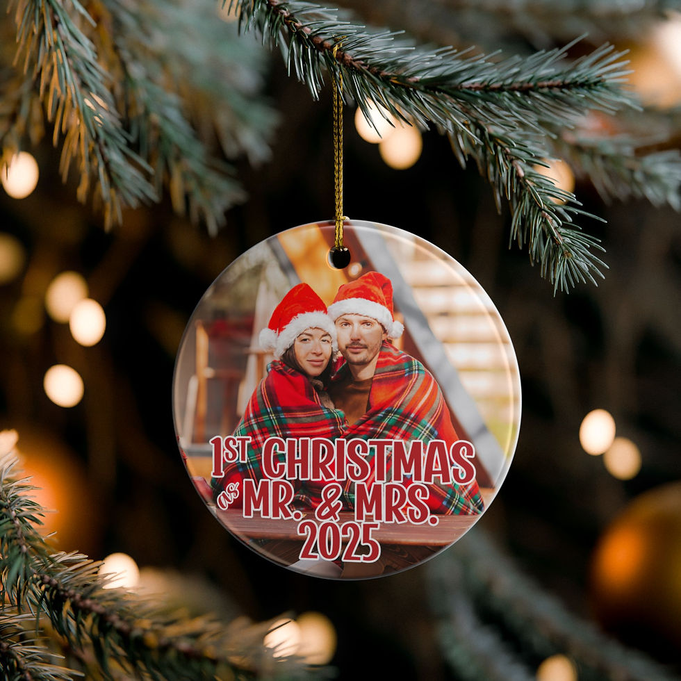 Thumbnail: Christmas ornament with photo and text: 1st Christmas Mr. & Mrs. 2025 celebration.