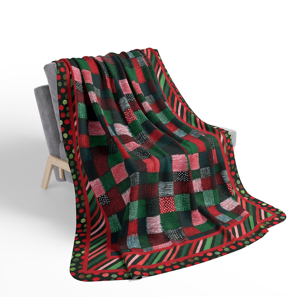 Thumbnail: Cozy blanket draped over a chair, featuring red, green, and checkered patterns.