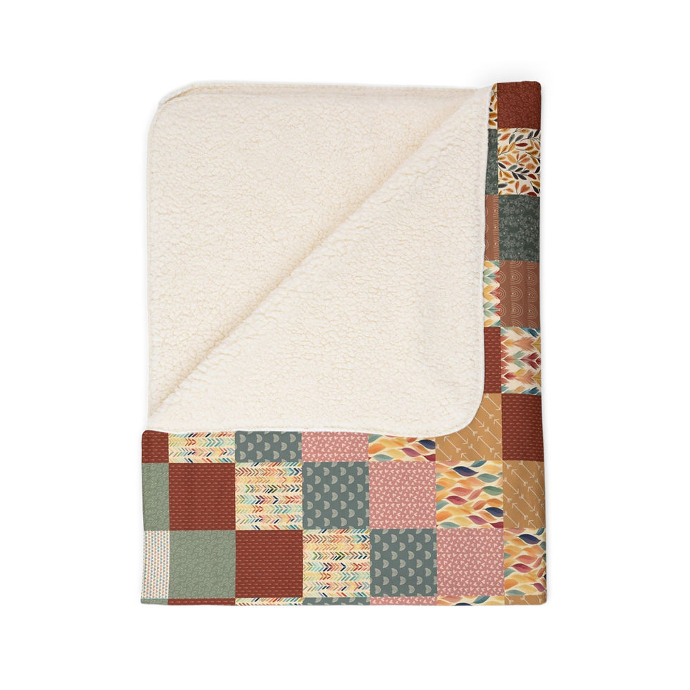 Thumbnail: Cozy sherpa blanket with patchwork design, Coral Ocean Quilt Look - Fleece Sherpa Blanket.