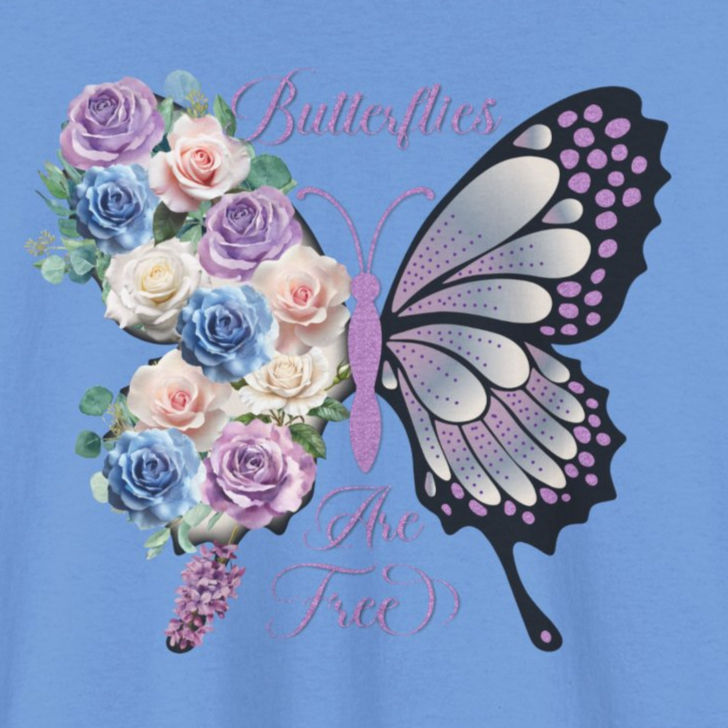 Butterflies Are Free Floral Butterfly T‑Shirt — Purple Rose Garden Tee