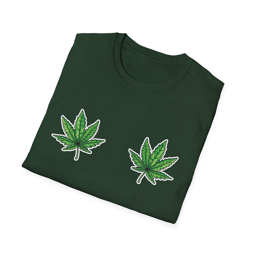 Thumbnail: Green t-shirt with two cannabis leaf patches; simple yet stylish.