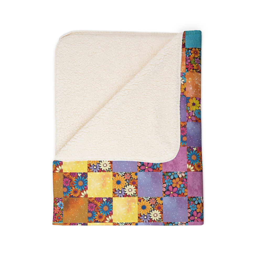 Thumbnail: Floral patchwork Fleece Sherpa Blanket with squares; cozy home decor. Wine Green Bee Hexagons - Fleece Sherpa Blanket