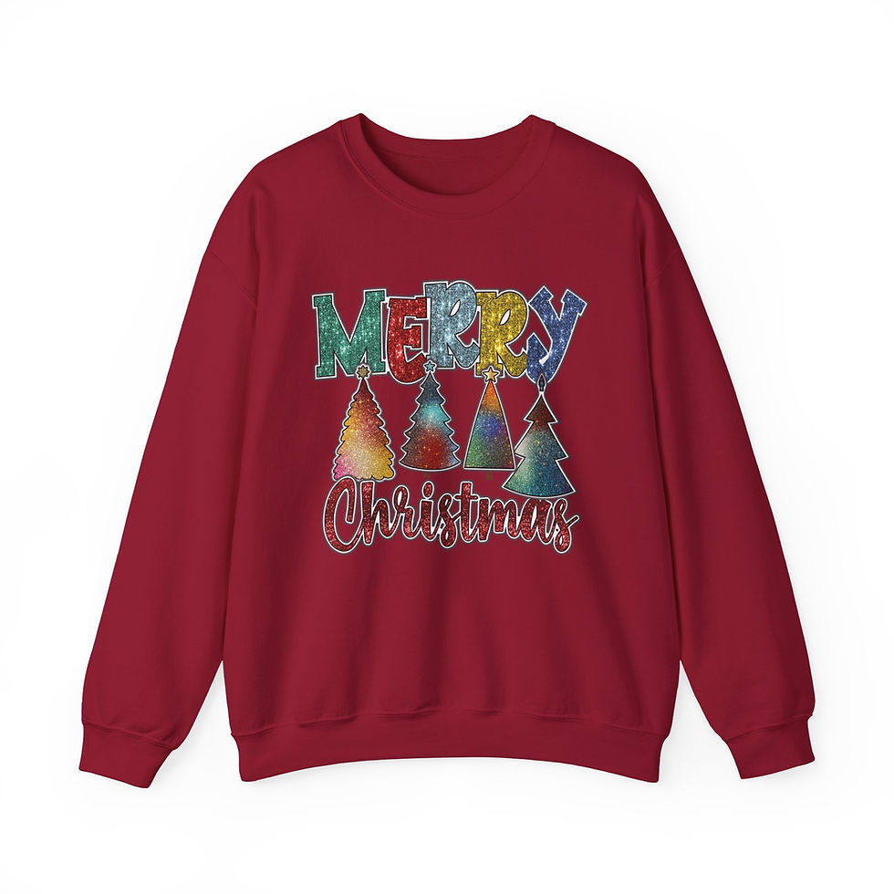 Thumbnail: Red Merry Christmas Glitter Trees Sweatshirt with festive holiday design and text.