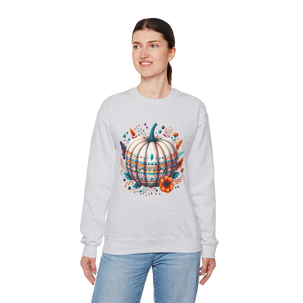 Thumbnail: Woman wearing Bubble Toil and Trouble Crewneck Unisex Sweatshirt, Halloween Party Wear with pumpkin design