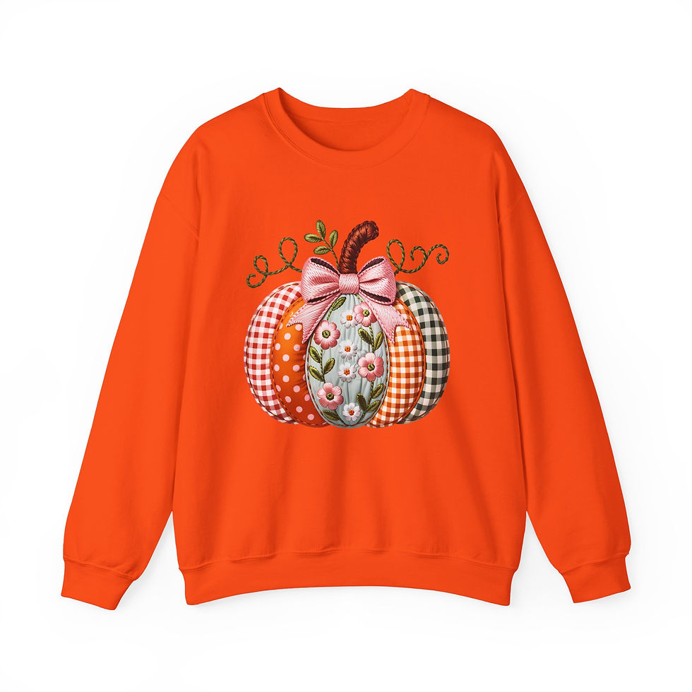 Thumbnail: Orange sweatshirt with a pumpkin design, fall season clothing apparel.
