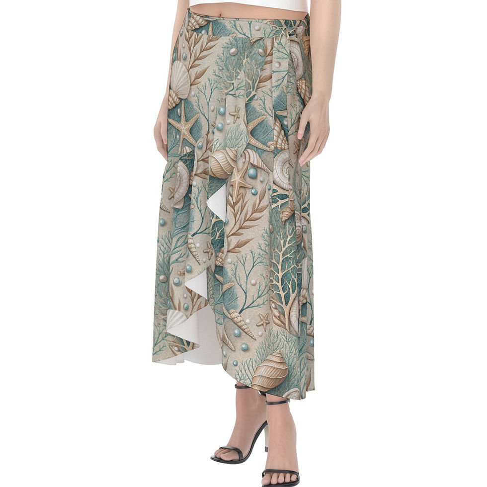 Thumbnail: Woman wearing a unique marine print skirt and Escape to the Shore Bum Racerback Tank.