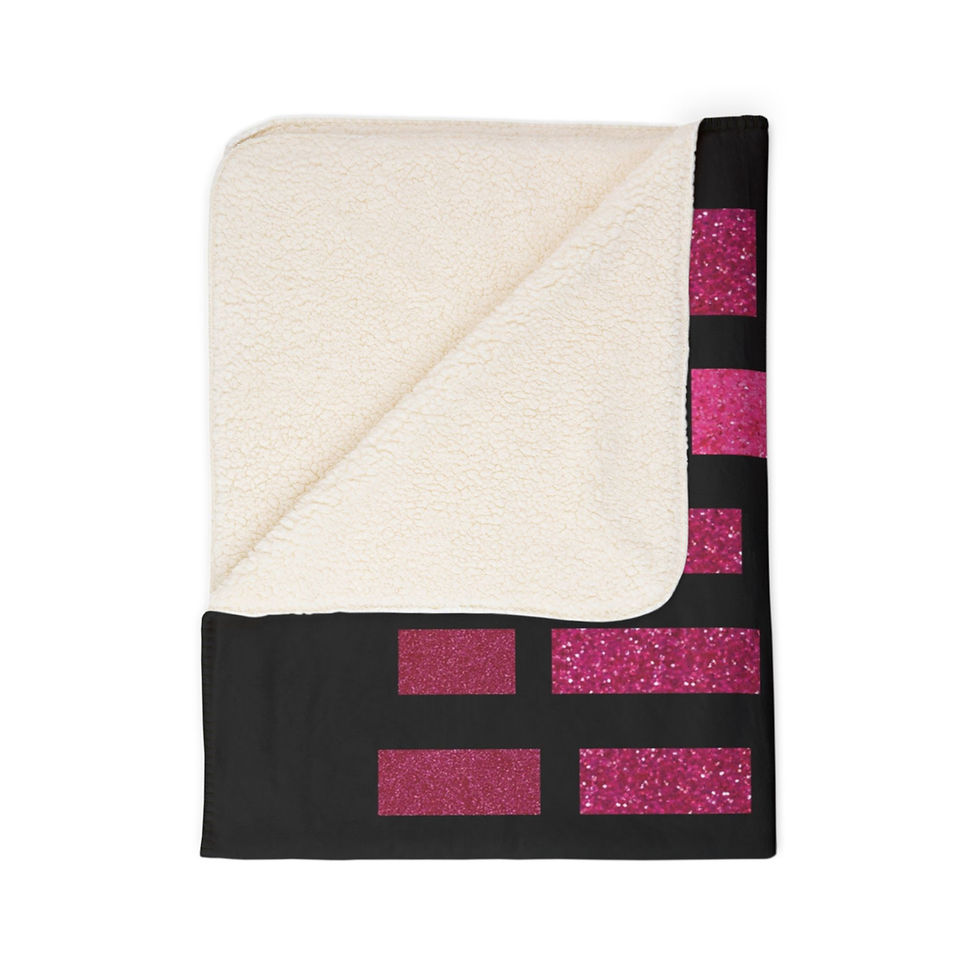 Thumbnail: Folded blanket with black, pink rectangles and sherpa, Blue Flowers in Diamonds - Fleece Sherpa Blanket