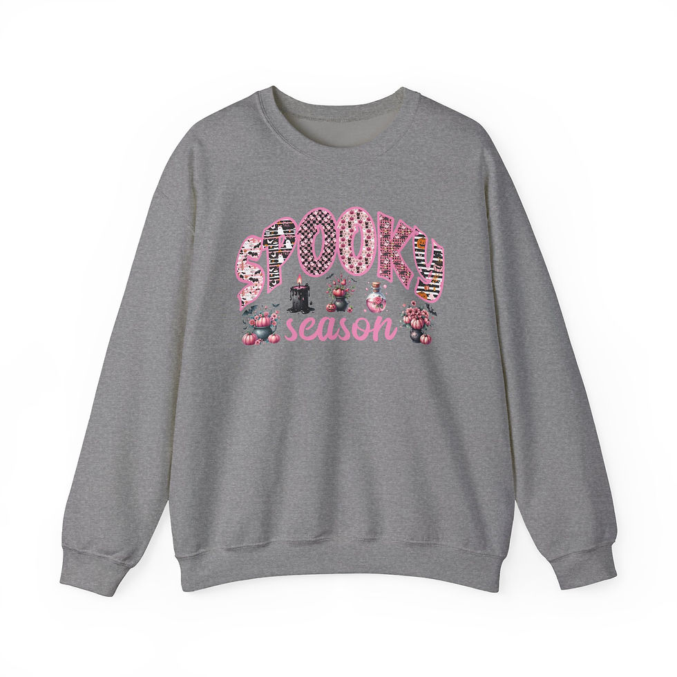 Thumbnail: Gray sweatshirt with "Spooky Season" graphic design for Halloween celebrations.