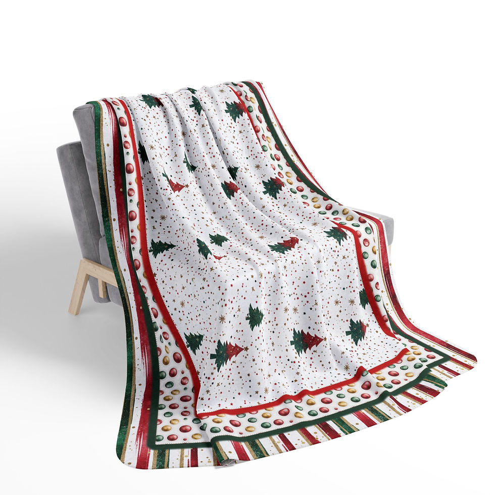 Thumbnail: White blanket with Christmas trees and red stripes on chair Navy and Wine Floral Throw.