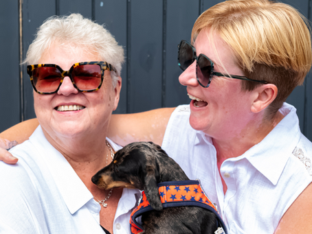 Lin and Natalie with Elsie the dachshund for Daxie  Eyewear Photoshoot