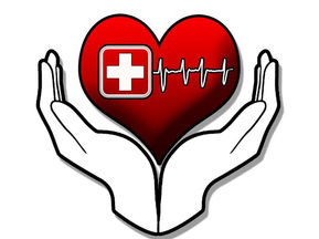 A red heart with medical cross and heartbeat line