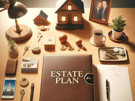 An Estate Planning booklet on a desk filled with other work related items