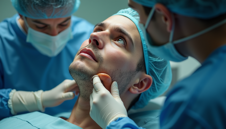 Close-up view of a medical professional assessing a patient's neck and jaw for airway evaluation