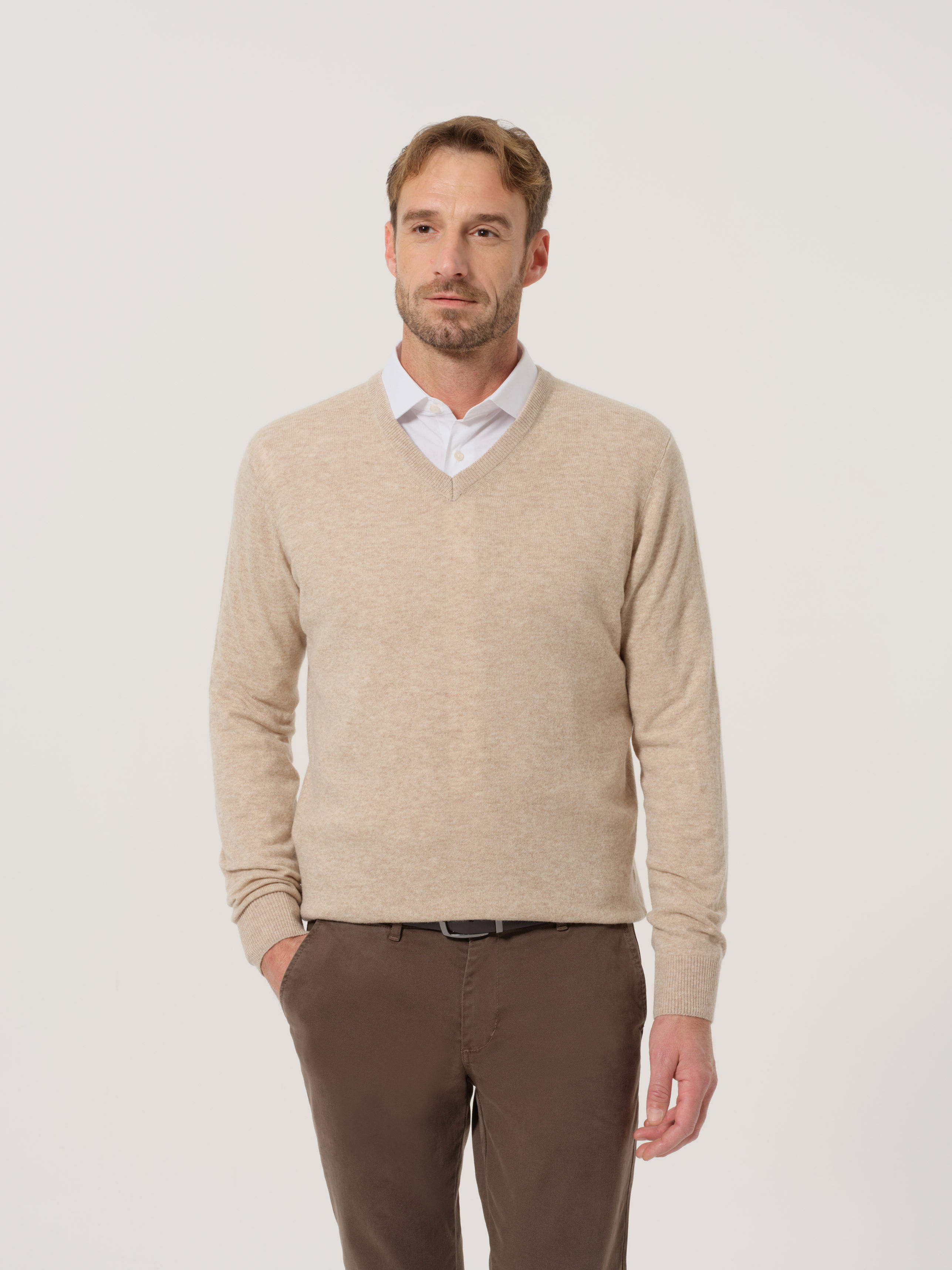 Maglia Scollo a V Beige in misto Cashmere