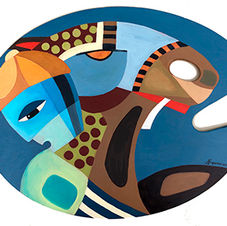 Painted Art palette modern equestrian artwork featuring jockey riding a racehorse