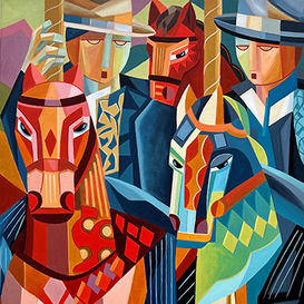 The artwork is a vibrant, cubist-style painting featuring a two stylized figures riding a carousel horse. The horses have bright decorative saddles, bold and colorful shapes. This carousel art is meant to trigger happy memories of childhood.