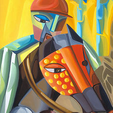 Abstract equine portrait with bold colors and layered composition